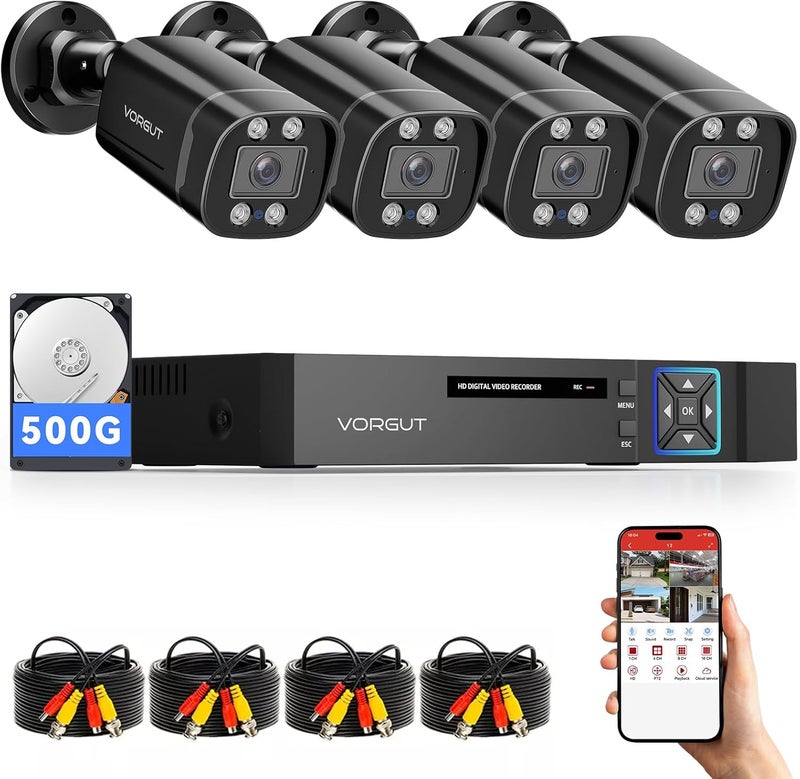 VORGUT Wired Security Camera System Outdoor, 4pcs Surveillance CCTV Bullet Cameras for Home Security, 4CH AHD TVI 5MP Lite DVR Recorder with 500G HDD, Motion Detection, Night Vision, Waterproof - Image 1